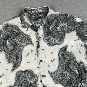 LINEN SHIRT Mens Large Black White Paisley Short Sleeve Button Casual